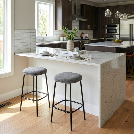 Set of 2 Ayana Gray Boucle Backless Counter Stool with Black Iron Legs