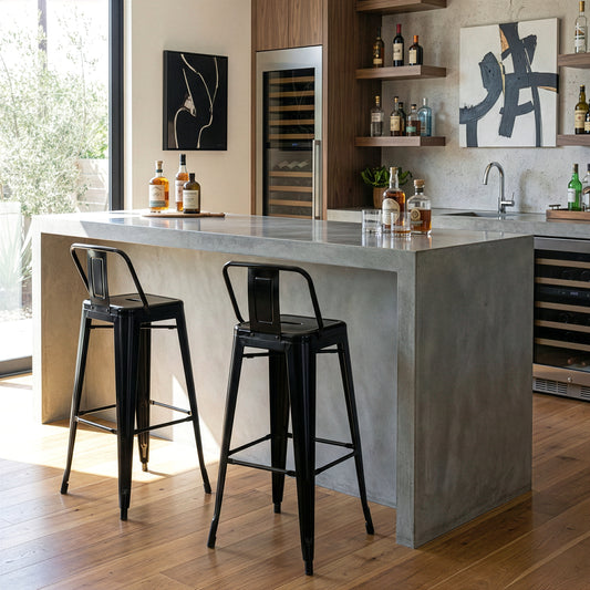 Set of 2 Barto Black Metal Bar Stool with Open Backrest