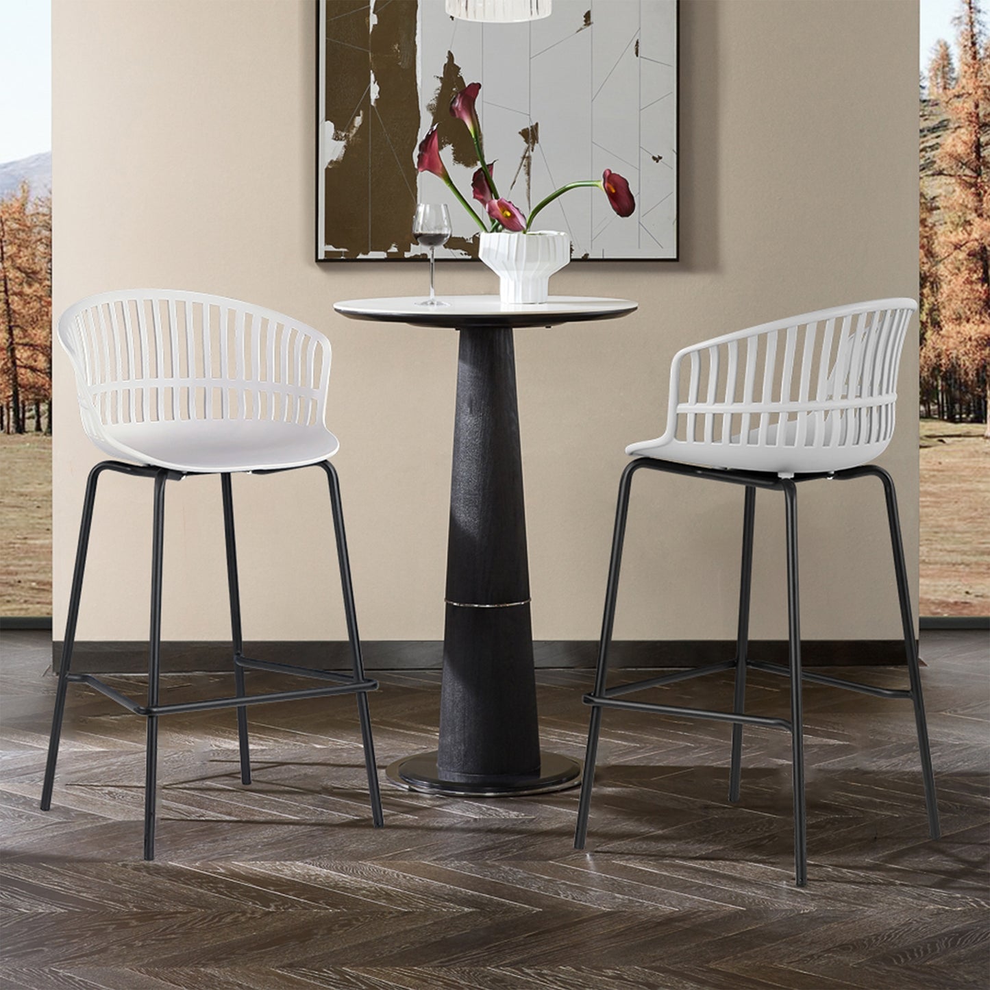 Set of 2 Basia Gray Plastic Counter Stool with Slatted Back and Iron Legs