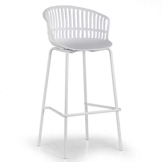 Set of 2 Basil White Plastic Bar Stool with Slatted Back and Iron Legs