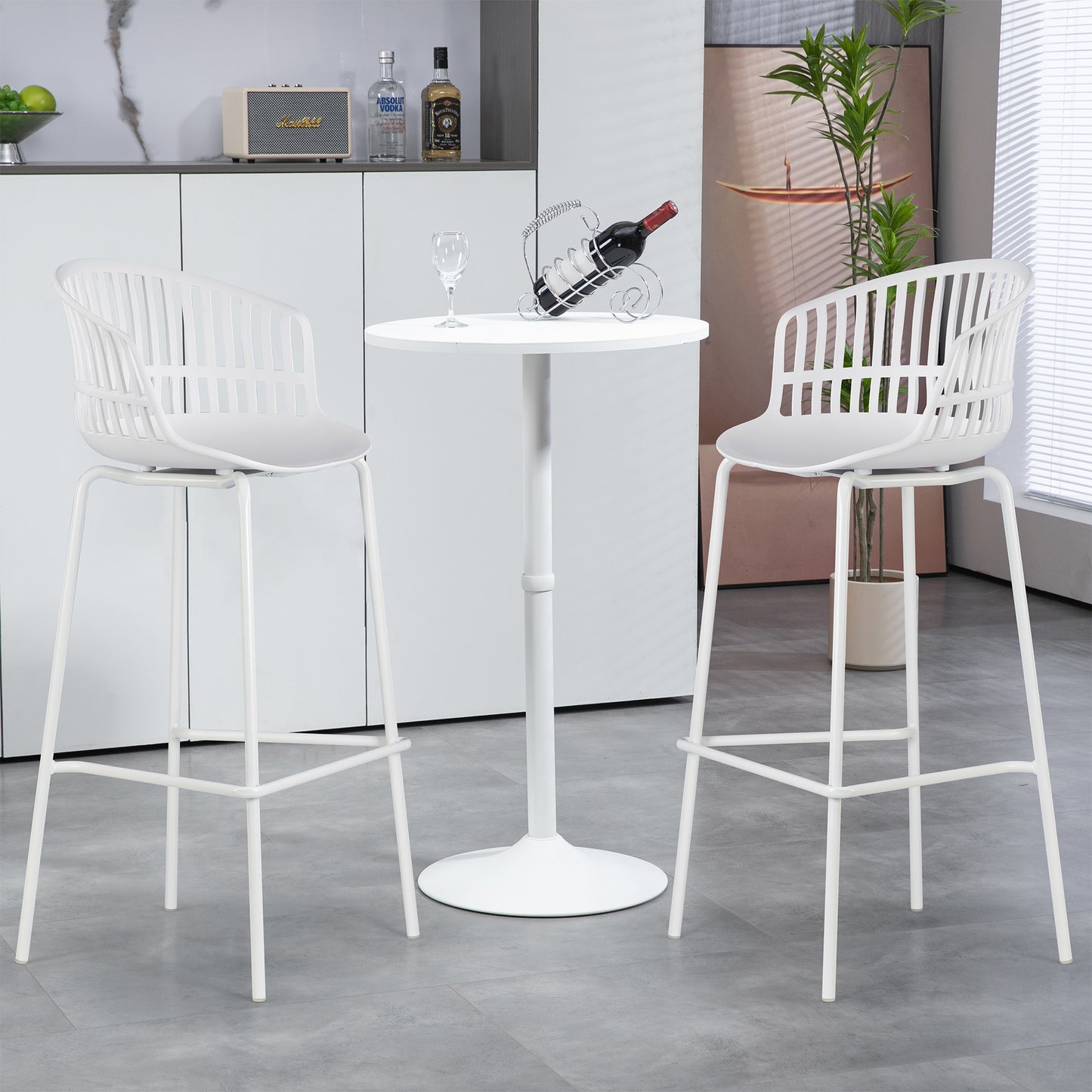 Set of 2 Basil White Plastic Bar Stool with Slatted Back and Iron Legs