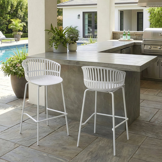 Set of 2 Basil White Plastic Bar Stool with Slatted Back and Iron Legs