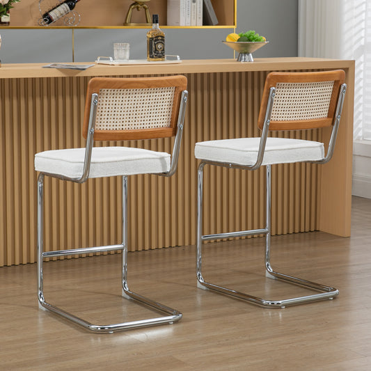 Set of 2 Ayers White Boucle Fabric Counter Stool with Rattan Backrest and Chrome Legs