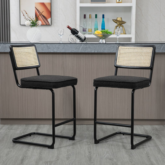 Set of 2 Ayers Black Boucle Fabric Counter Stool with Rattan Backrest and Black Steel Legs