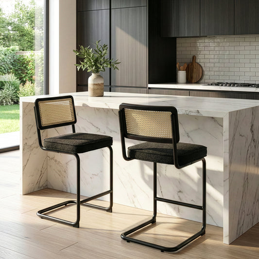 Set of 2 Ayers Black Boucle Fabric Counter Stool with Rattan Backrest and Black Steel Legs