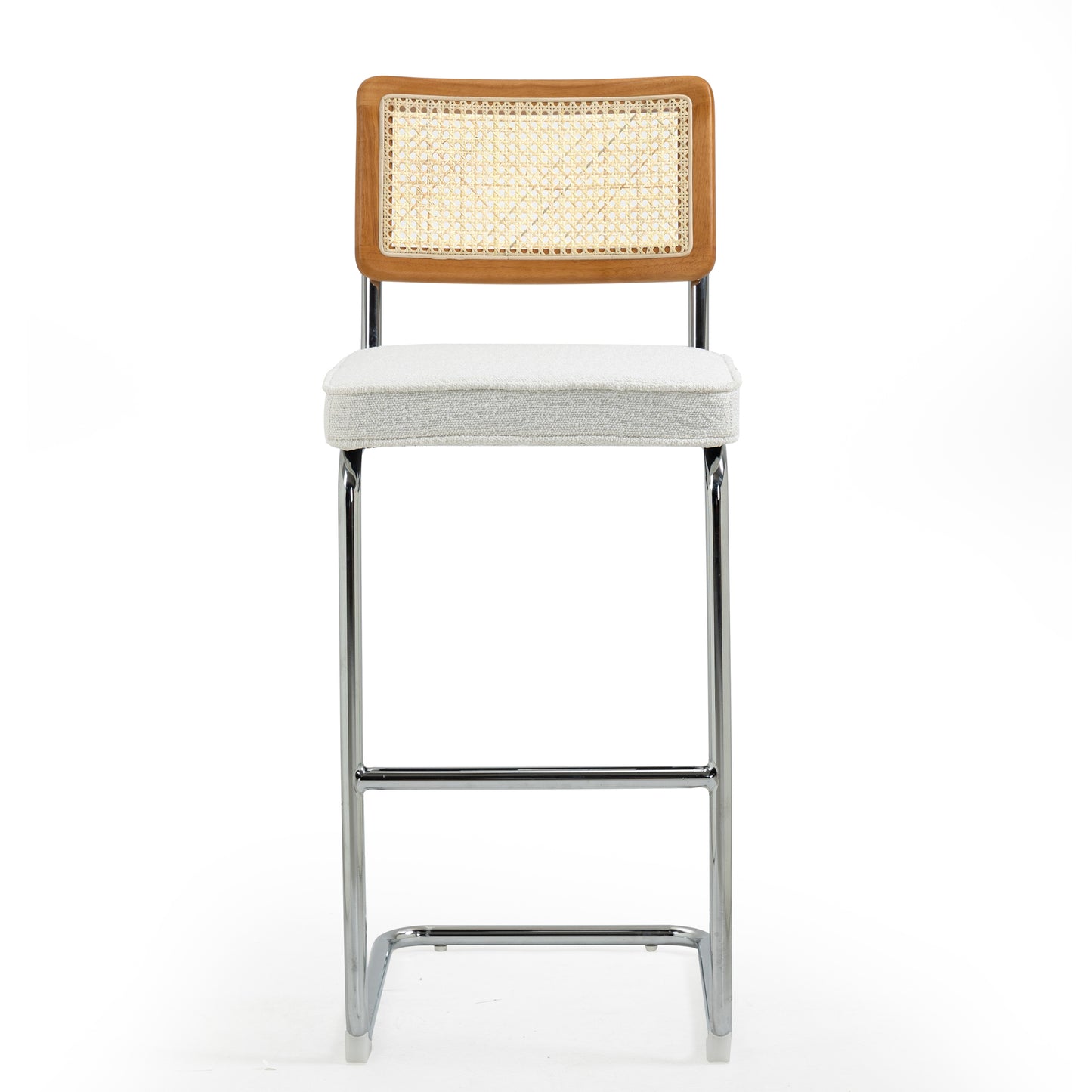 Set of 2 Ayo White Boucle Fabric Bar Stool with Rattan Backrest and Silver Steel Legs