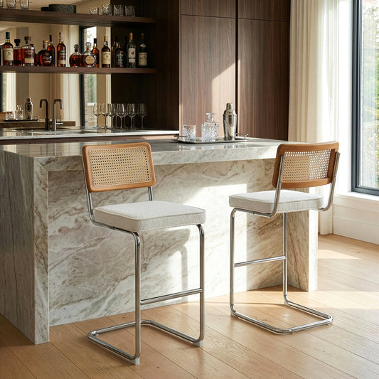 Set of 2 Ayo White Boucle Fabric Bar Stool with Rattan Backrest and Silver Steel Legs