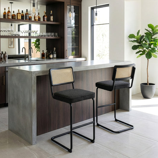 Set of 2 Ayo Black Boucle Fabric Bar Stool with Rattan Backrest and Black Steel Legs