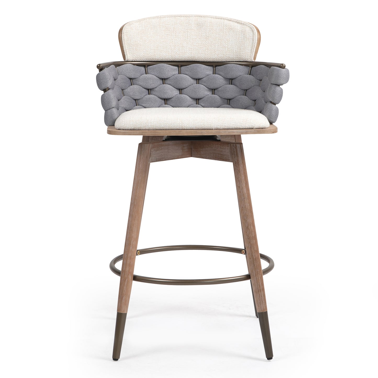 Bechor Beige and Gray Woven Fabric Counter Stool with Natural Wood Legs