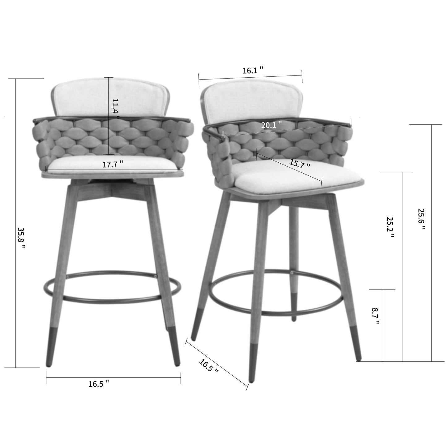 Bechor Beige and Gray Woven Fabric Counter Stool with Natural Wood Legs