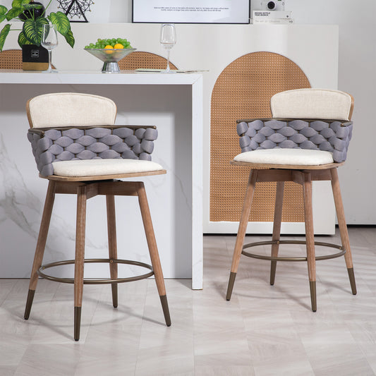 Bechor Beige and Gray Woven Fabric Counter Stool with Natural Wood Legs