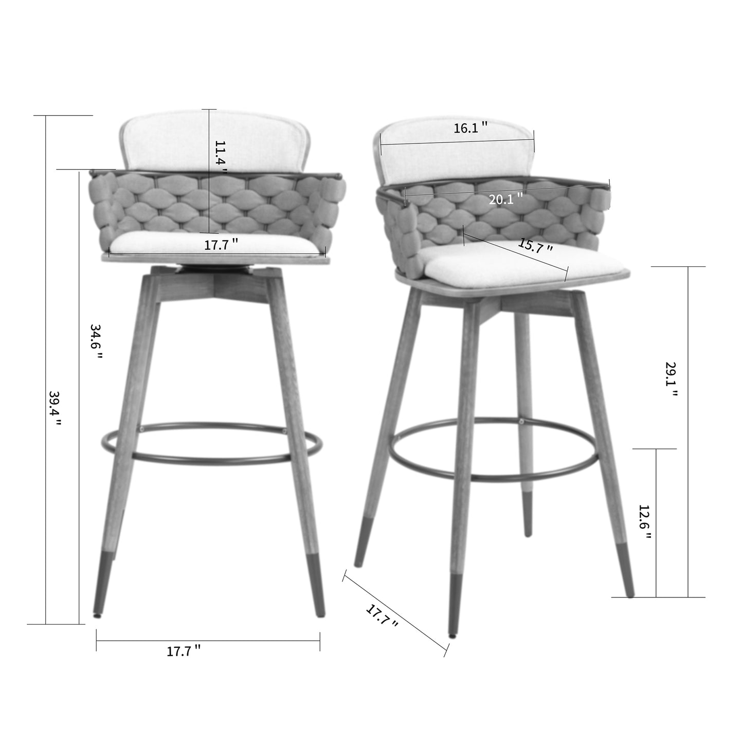 Bechor Beige and Gray Linen Fabric Bar Stool with Natural Wood Legs