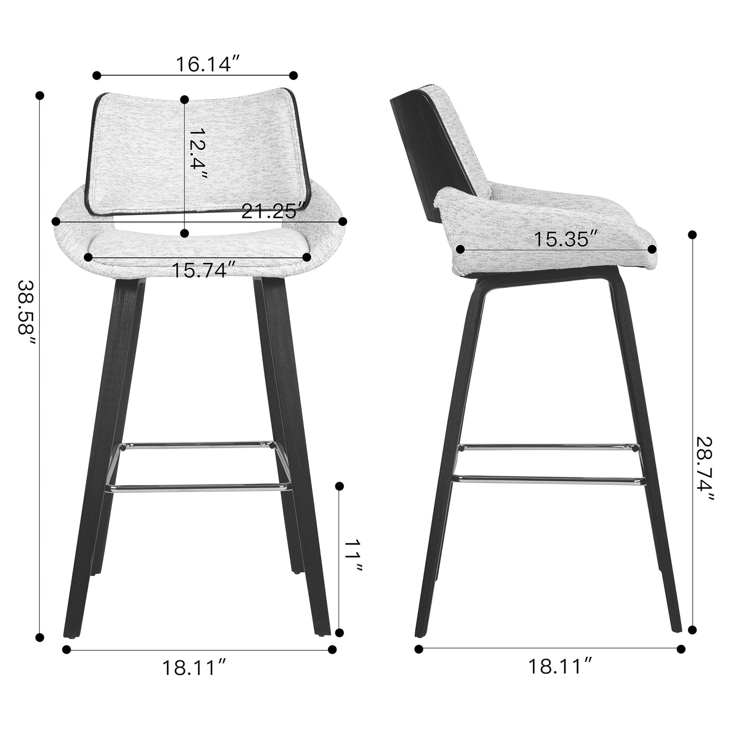 Bea White Two-Toned Linen Fabric Bar Stool with Black Wood Legs