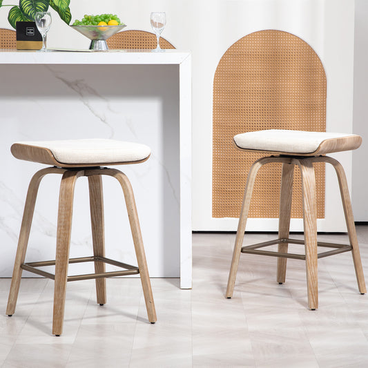 Set of 2 Beatrix Beige Woven Fabric Counter Stool with Natural Wood Legs