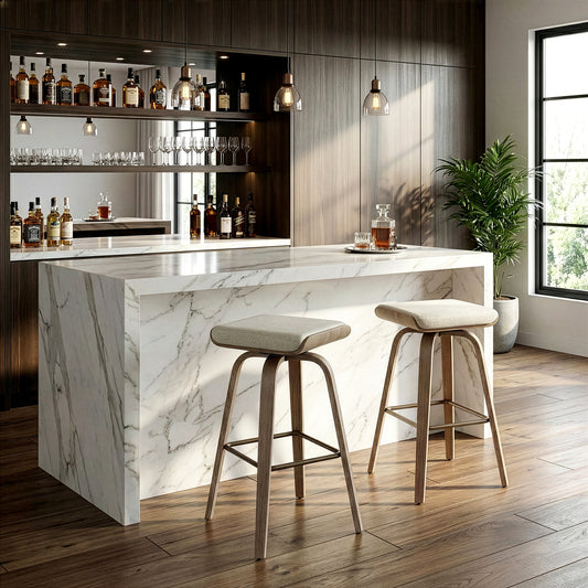 Set of 2 Beatrix Beige Woven Fabric Bar Stool with Natural Wood Legs