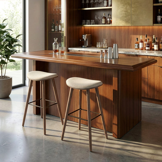 Set of 2 Beatriz Beige Woven Fabric Bar Stool with Wood Legs