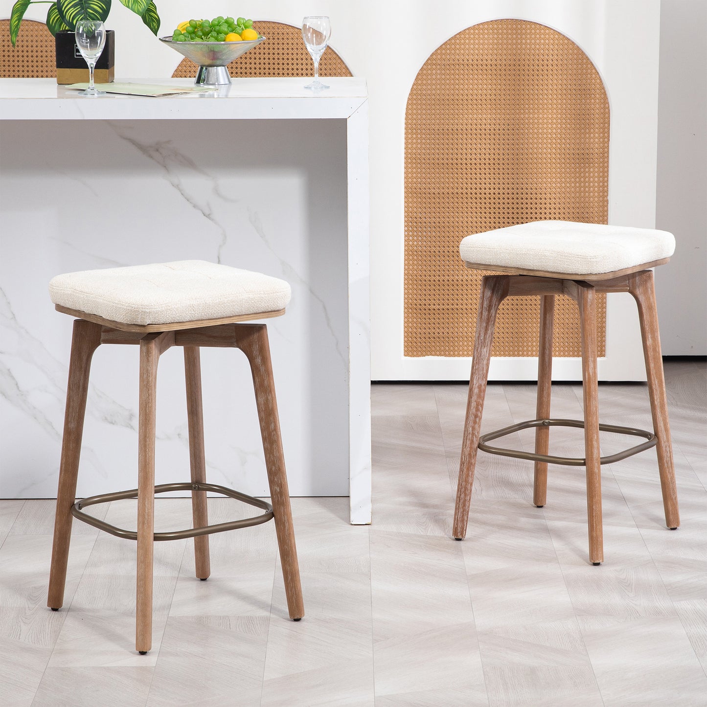 Set of 2 Beckham Beige Woven Fabric Backless Counter Stool with Natural Wood Legs