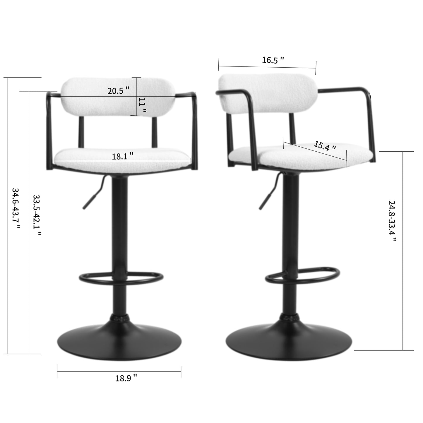 Bedivere Beige Boucle Fabric Adjustable Bar Stool with Black Iron Arms and Pedestal Leg