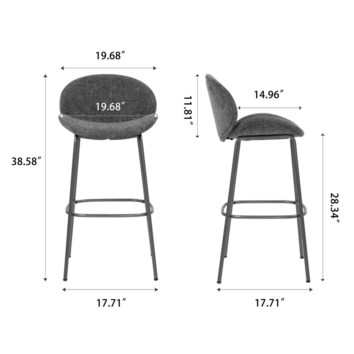Set of 2 Benedetta Blue Linen Upholstered Fabric Bar Stool with Black Iron Legs