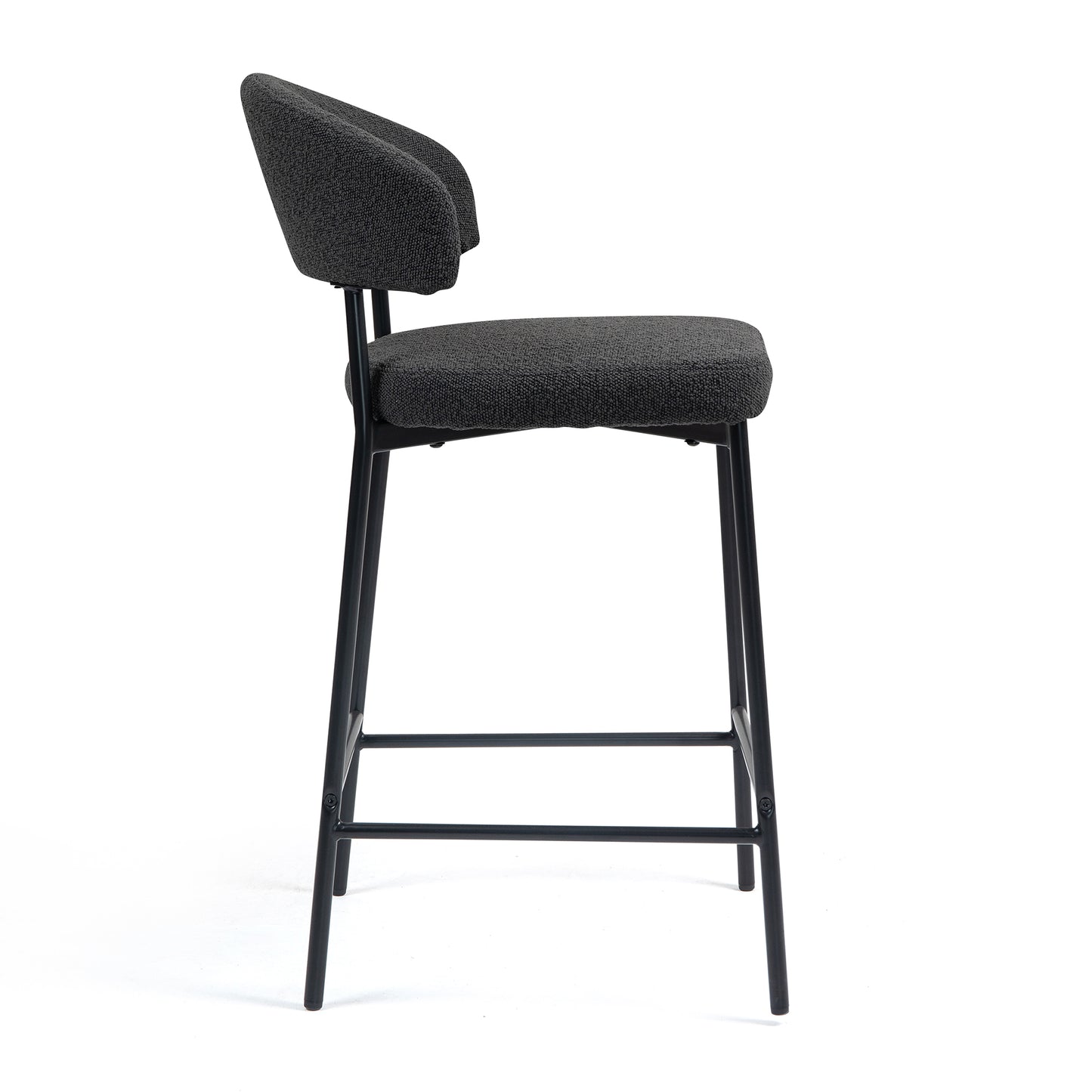 Set of 2 Bennett Black Boucle Upholstered Fabric Counter Stool with Black Iron Legs