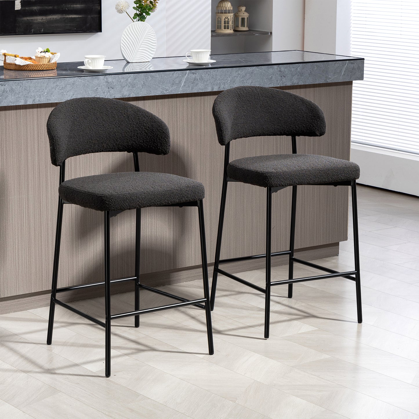Set of 2 Bennett Black Boucle Upholstered Fabric Counter Stool with Black Iron Legs