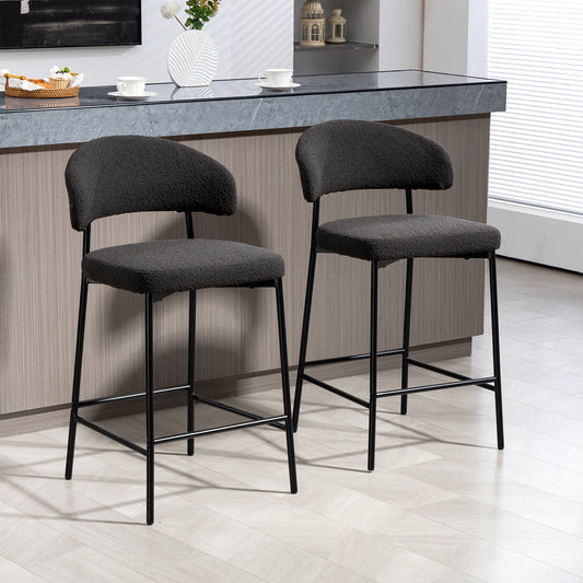 Set of 2 Bennett Black Boucle Upholstered Fabric Counter Stool with Black Iron Legs