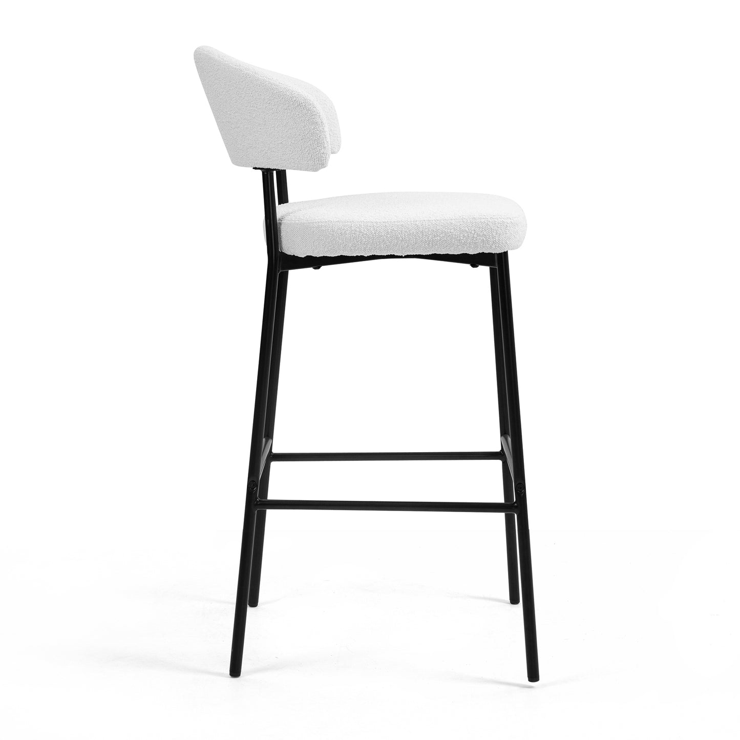 Set of 2 Bennett White Boucle Upholstered Fabric Bar Stool with Black Iron Legs