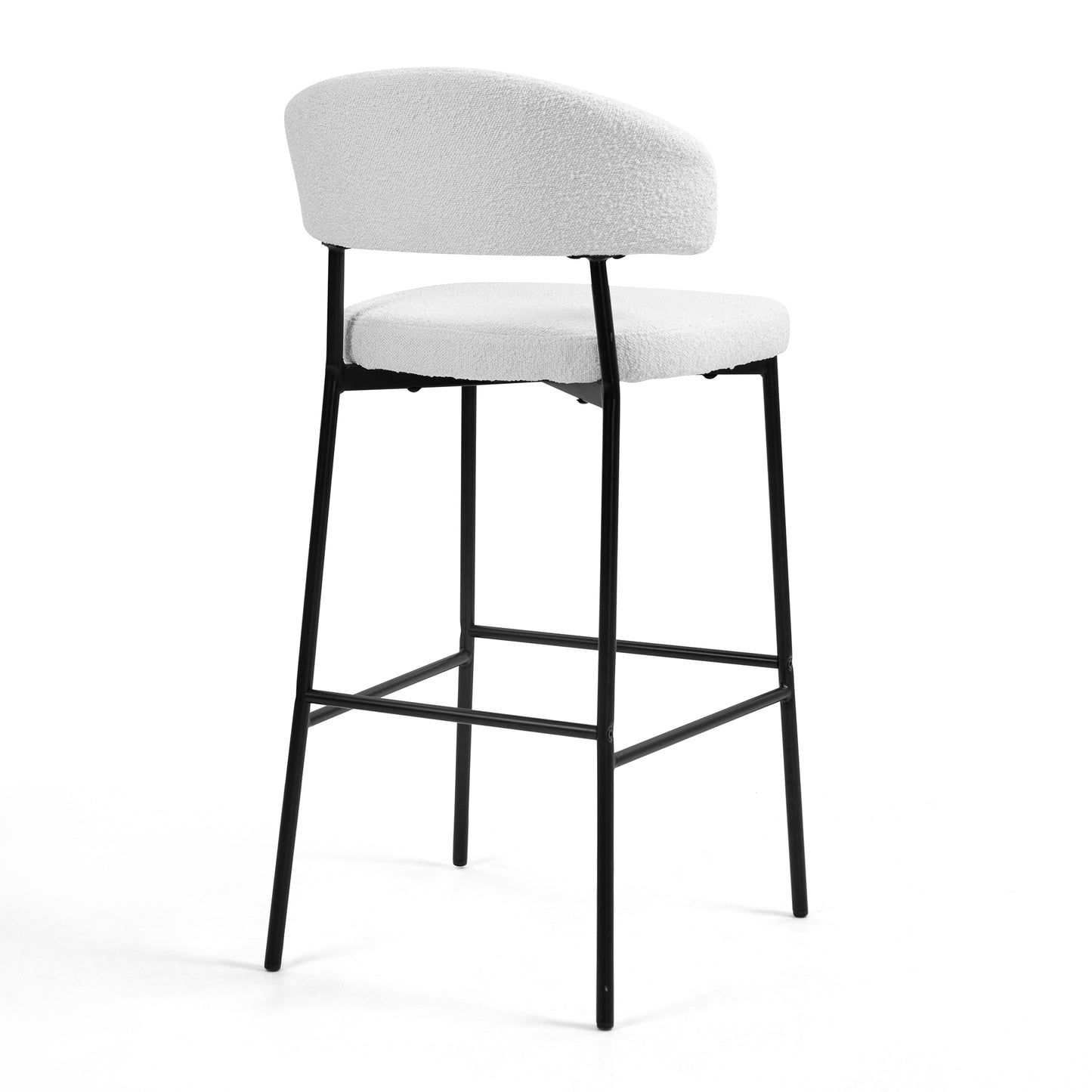 Set of 2 Bennett White Boucle Upholstered Fabric Bar Stool with Black Iron Legs