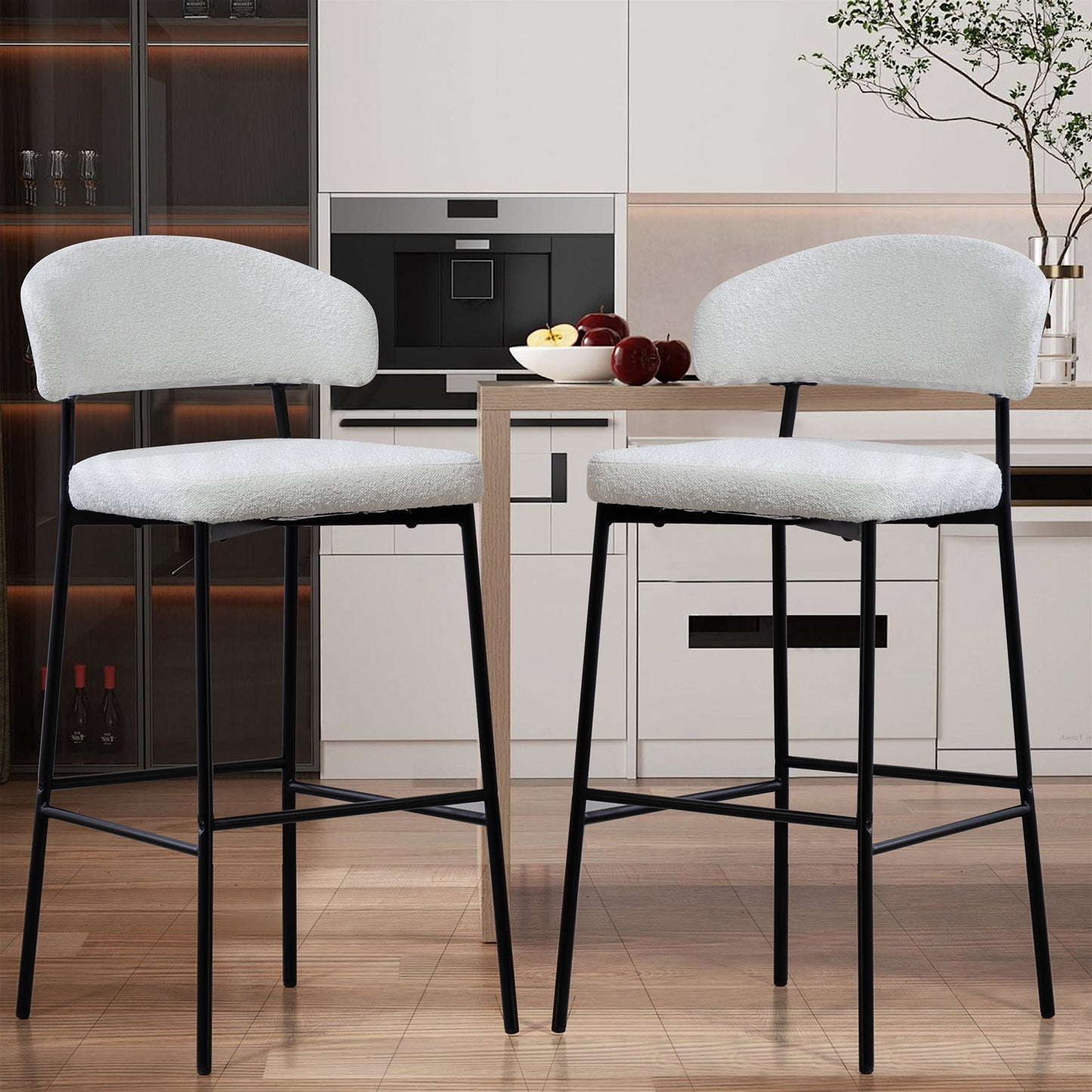 Set of 2 Bennett White Boucle Upholstered Fabric Bar Stool with Black Iron Legs
