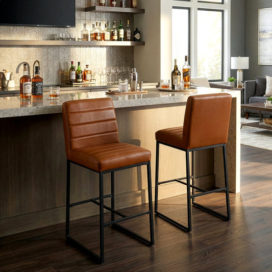 Set of 2 Belisario Light Brown Faux Leather Bar Stool with Black Metal Legs