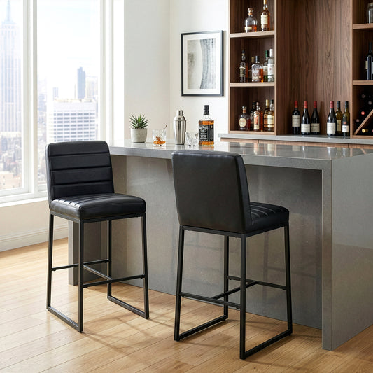 Set of 2 Belisario Black Faux Leather Bar Stool with Black Metal Legs