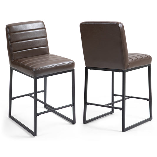 Set of 2 Belisario Brown Faux Leather Counter Stool with Black Metal Legs
