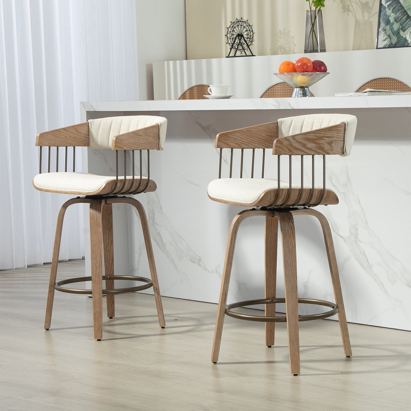 Berke Beige Upholstered Fabric Counter Stool with Natural Wood Legs