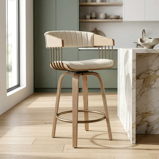 Berke Beige Upholstered Fabric Counter Stool with Natural Wood Legs