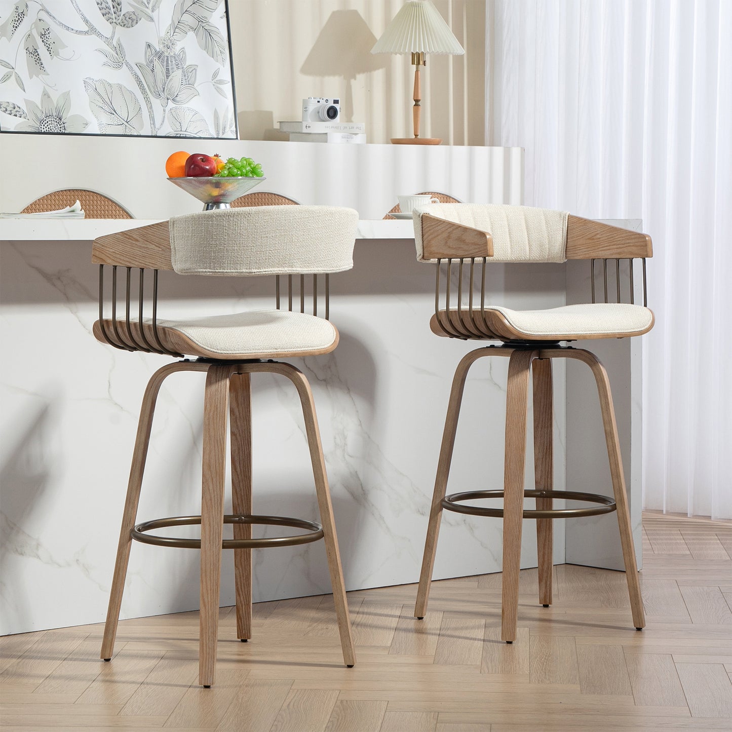 Berke Beige Upholstered Fabric Bar Stool with Natural Wood Legs