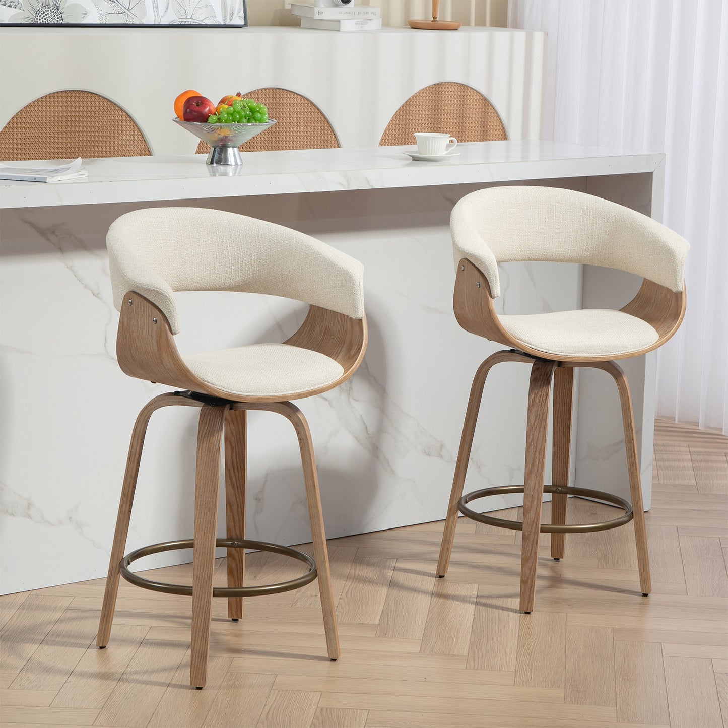 Berkeley Beige Upholstered Fabric Counter Stool with Natural Wood Accent Legs