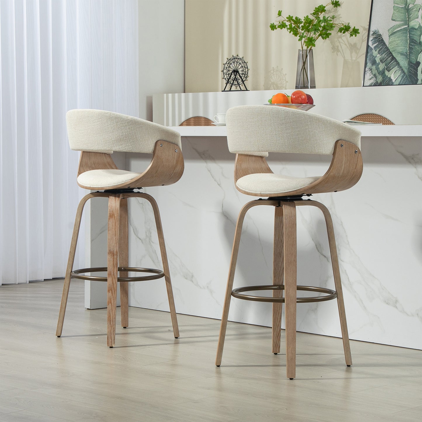 Berkeley Beige Upholstered Fabric Bar Stool with Natural Wood Accent Legs