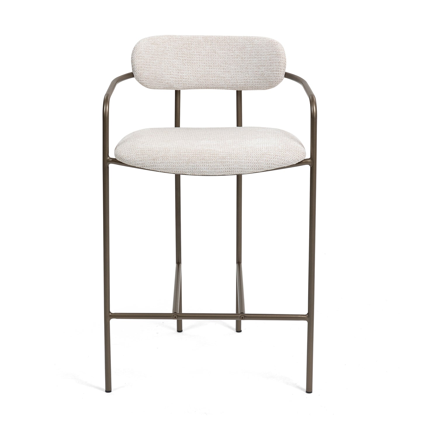 Set of 2 Berker Beige Woven Upholstered Fabric Counter Stool with Brown Iron Arms and Legs