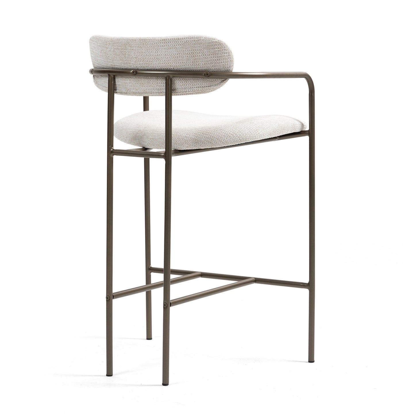 Set of 2 Berker Beige Woven Upholstered Fabric Counter Stool with Brown Iron Arms and Legs