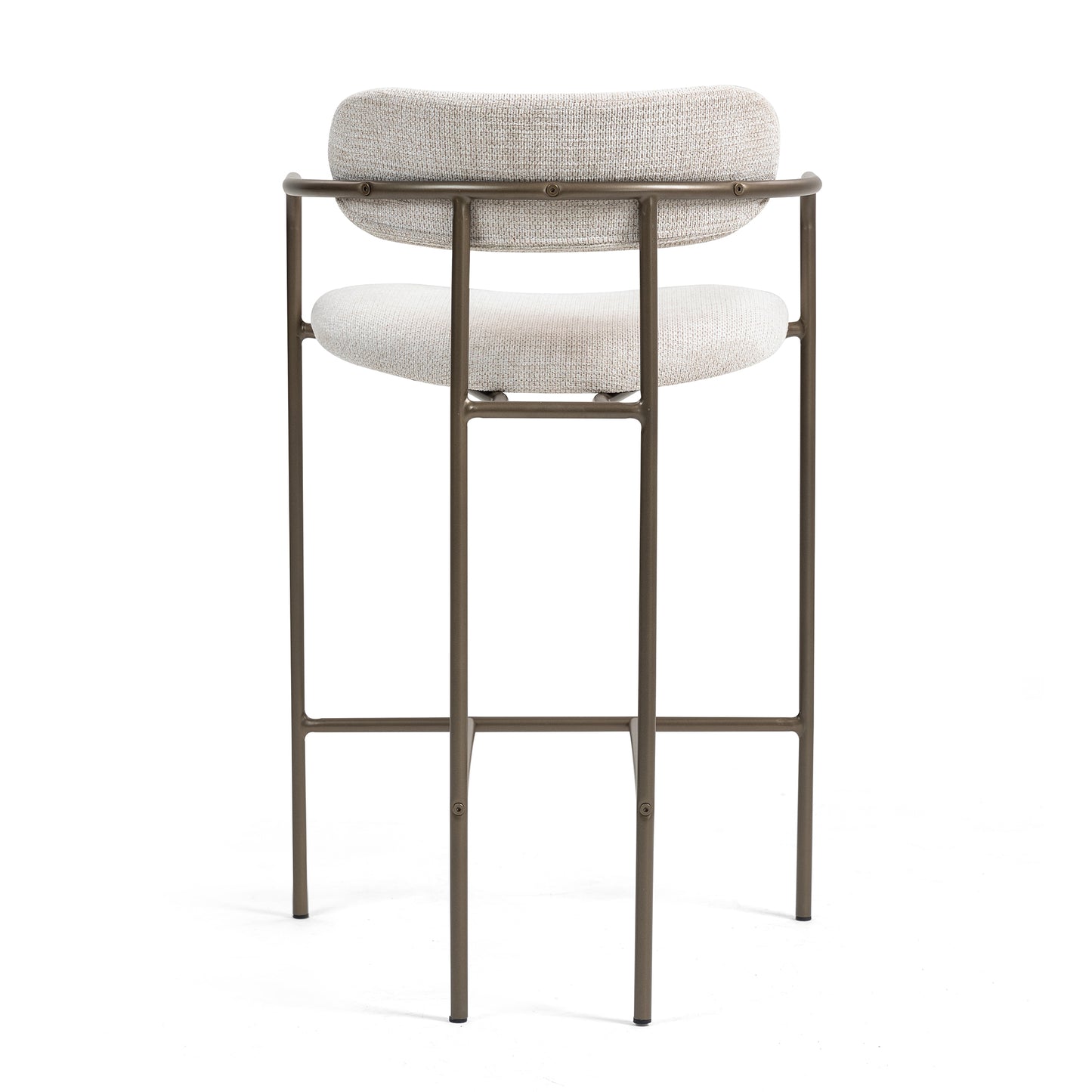 Set of 2 Berker Beige Woven Upholstered Fabric Counter Stool with Brown Iron Arms and Legs