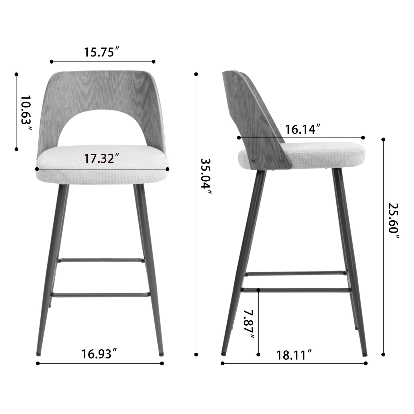 Set of 2 Bethan Beige Washed Boucle Fabric Counter Stool with White Washed Wood Back and Black Iron Legs