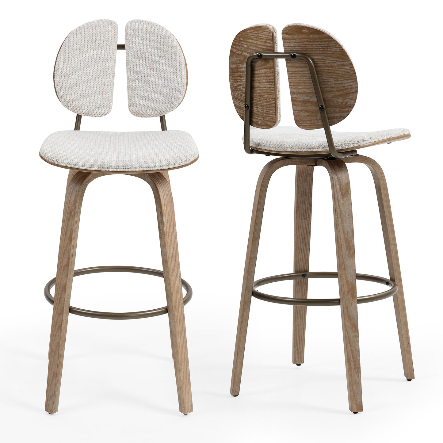 Set of 2 Betrys Beige Washed Woven Fabric Swivel Bar Stool with White Washed Wood Legs