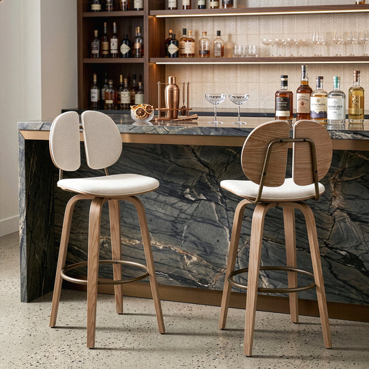 Set of 2 Betrys Beige Washed Woven Fabric Swivel Bar Stool with White Washed Wood Legs