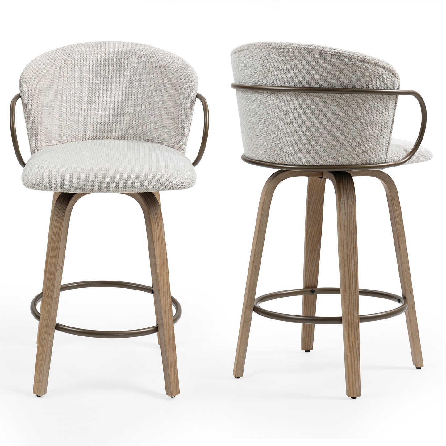 Set of 2 Bette Beige Washed Woven Fabric Swivel Counter Stool with Wood Legs and Copper Iron Arms