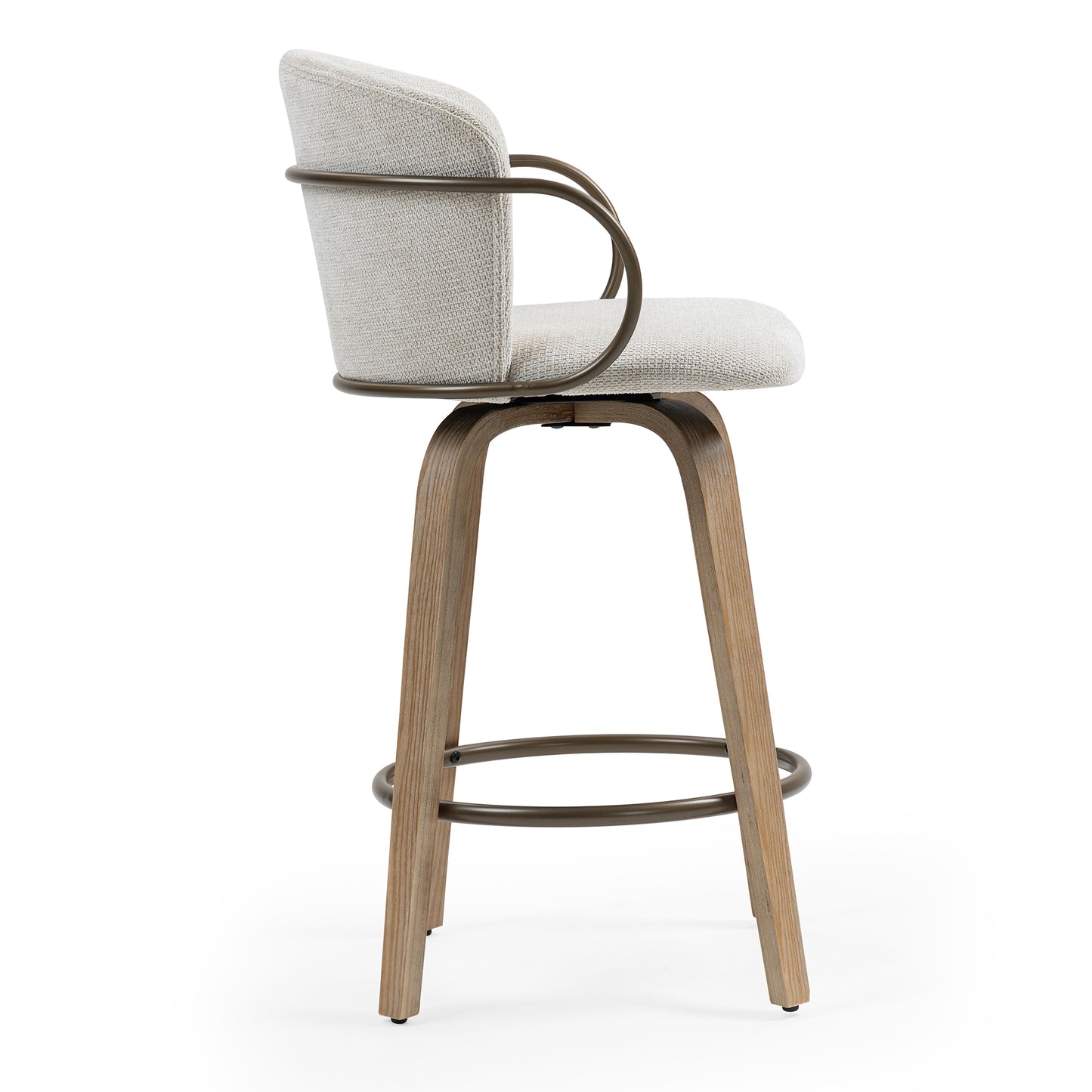 Set of 2 Bette Beige Washed Woven Fabric Swivel Counter Stool with Wood Legs and Copper Iron Arms