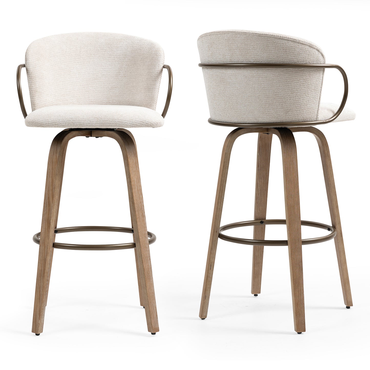 Set of 2 Bette Beige Washed Woven Fabric Swivel Bar Stool with Wood Legs and Copper Iron Arms