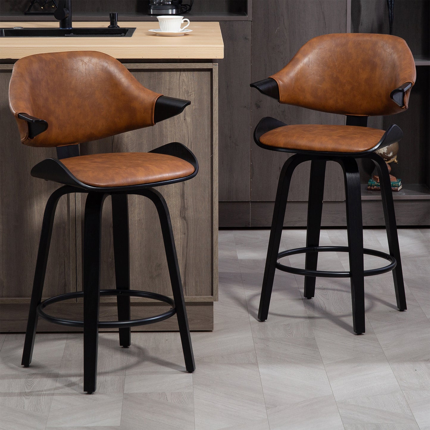 Set of 2 Bevelyn Vintage Brown Faux Leather Counter Stool with Black Wood Legs