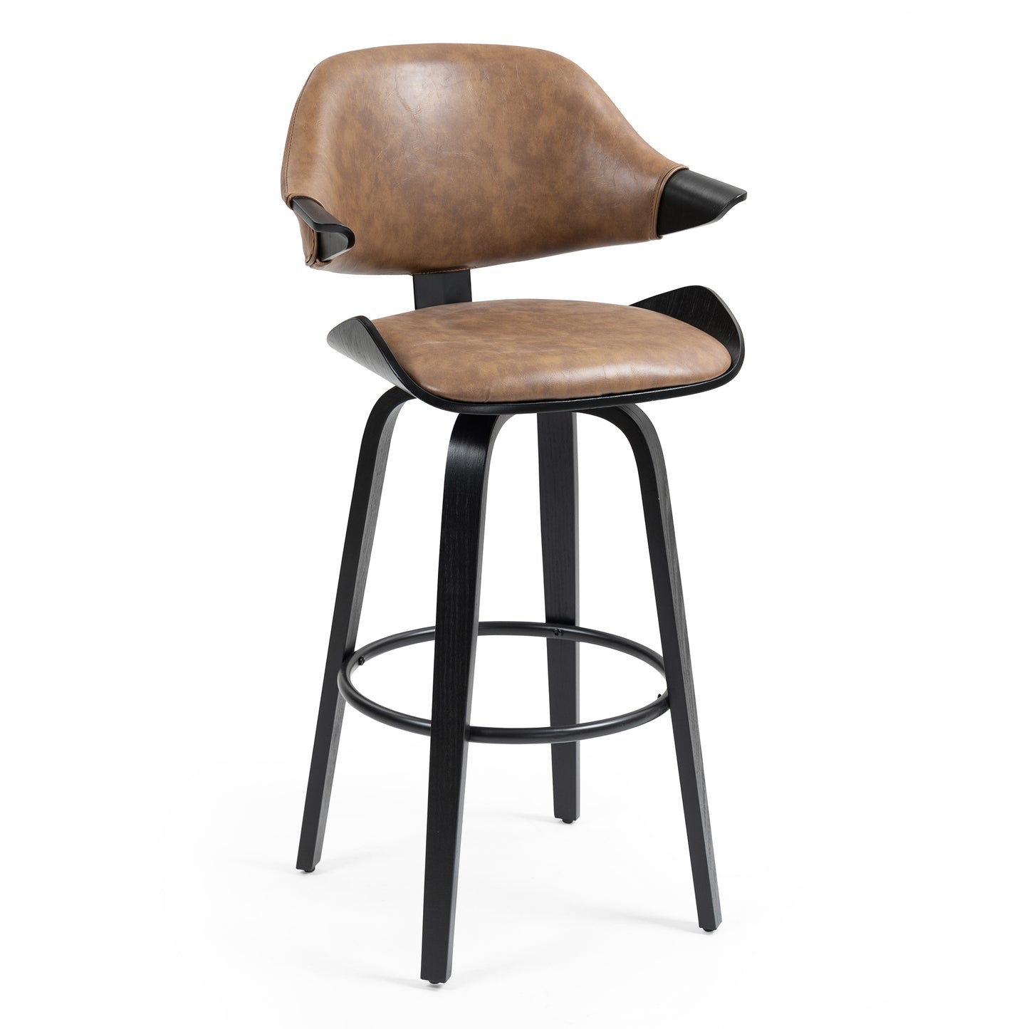 Set of 2 Bevelyn Vintage Brown Faux Leather Bar Stool with Black Wood Legs