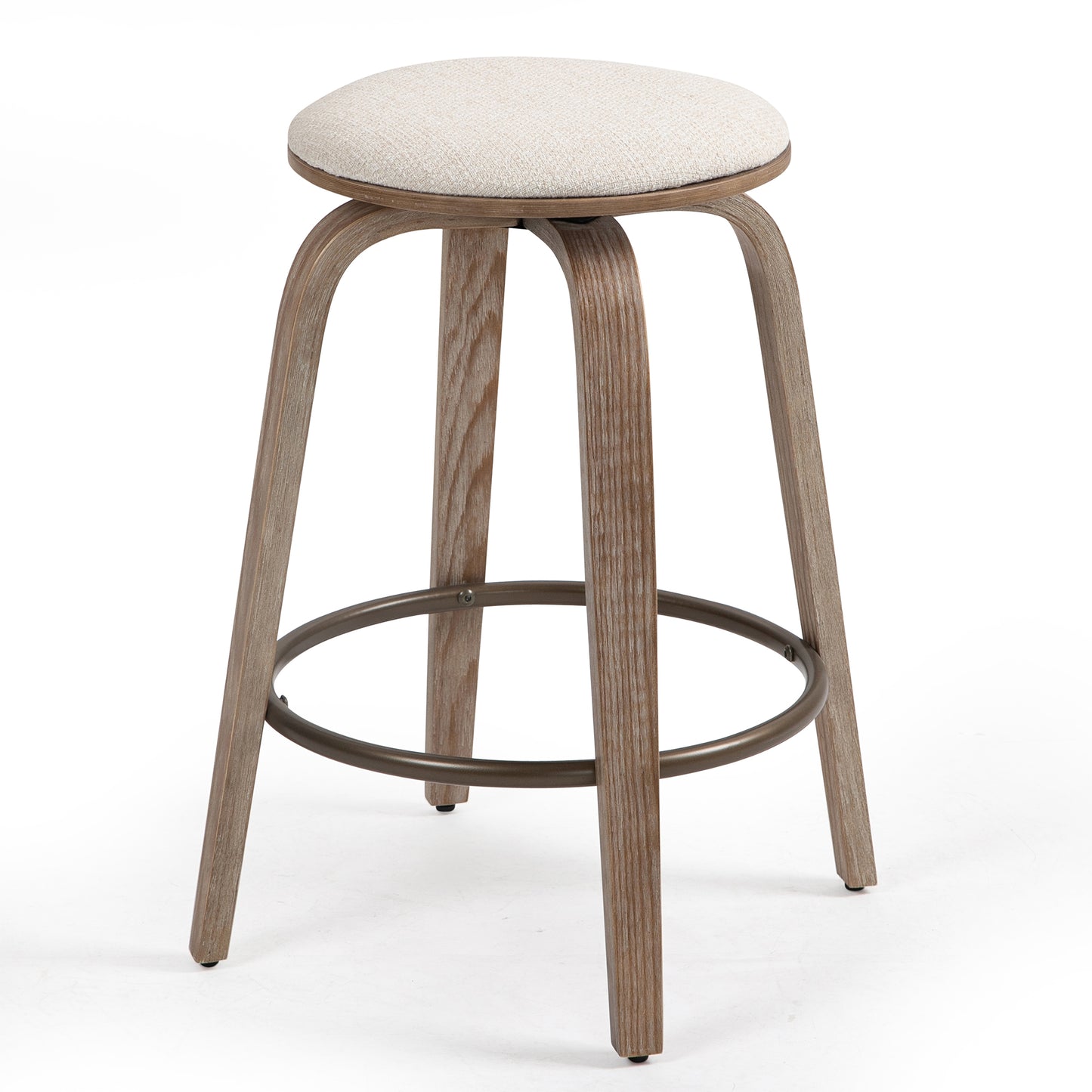 Set of 2 Beatus Beige Woven Fabric Counter Stool with Natural Wood Legs Set