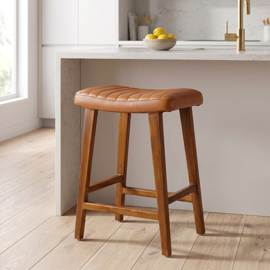 Bonita Brown Backless Leather Seat Counter Stool with Teakwood Frame